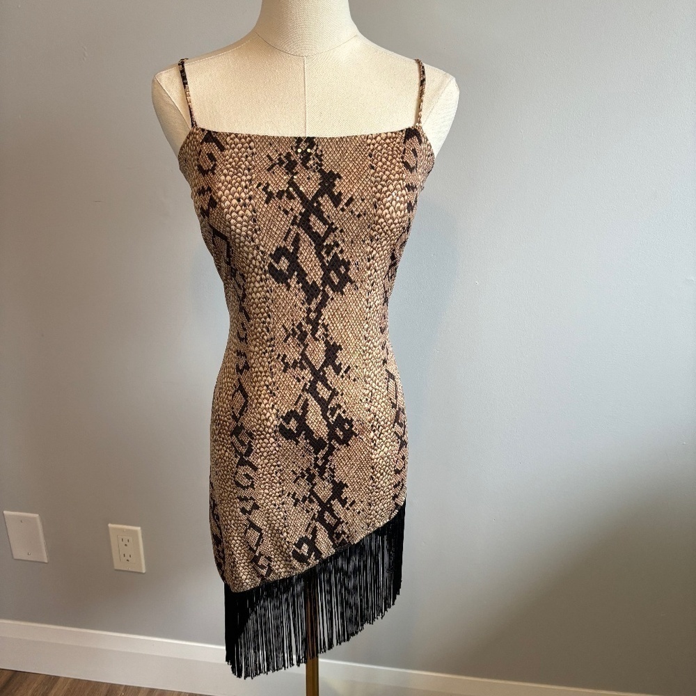 Sabora Tan and Black Snake Print Asymmetrical Fringe Dress